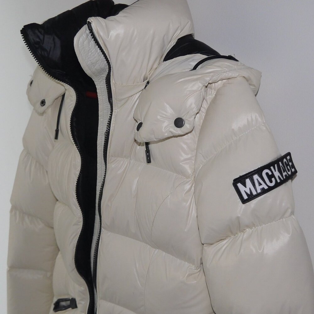 Mackage Ivory Glossy Down Puffer Jacket Arm Logo Short Coat - Picture 5 of 9